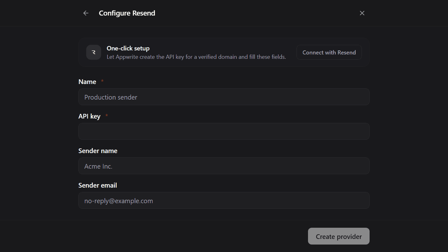 Selecting Resend as the email provider in the Appwrite Console